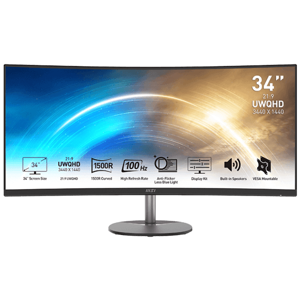MSI Pro MP341CQ 34" 100Hz 1ms UWQHD 2K (3440 X 1440) VA Curved Frameless Monitor (3Y)