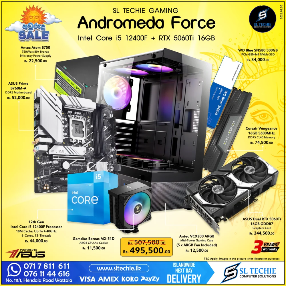 Intel Core i5 12400F + RTX 5060Ti 16GB Brand New Gaming PC - Andromeda Force Sri Lanka