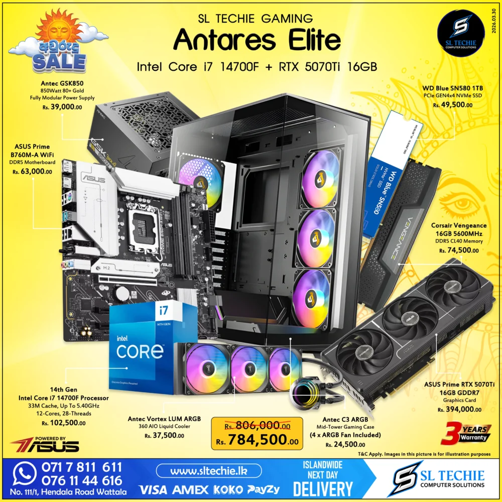 Intel Core i7 14700F + RTX 5070Ti 16GB Brand New Gaming PC - Antares Elite Sri Lanka