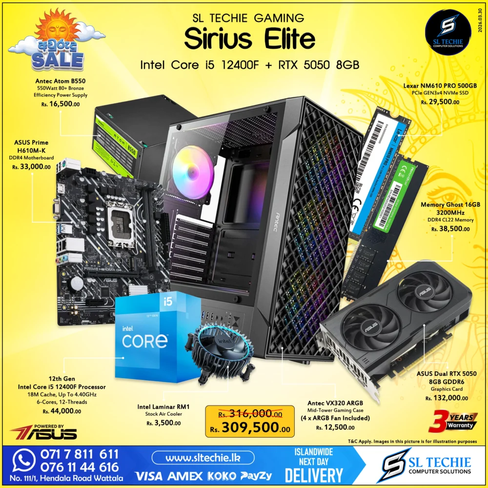 Intel Core i5 12400F + RTX 5050 8GB Brand New Gaming PC - Sirius Elite Sri Lanka