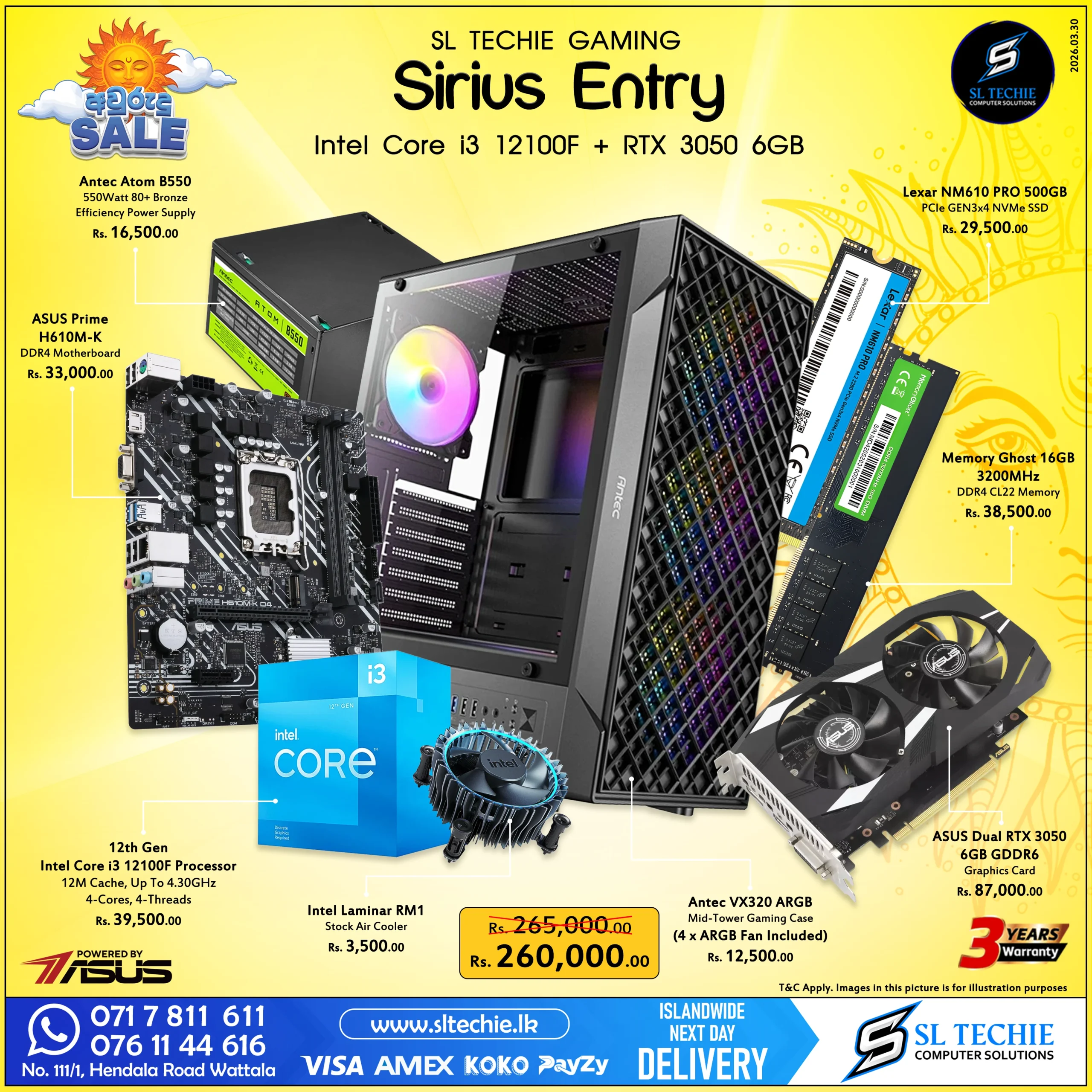Intel Core i3 12100F + RTX 3050 6GB Brand New Gaming PC - Sirius Entry Sri Lanka