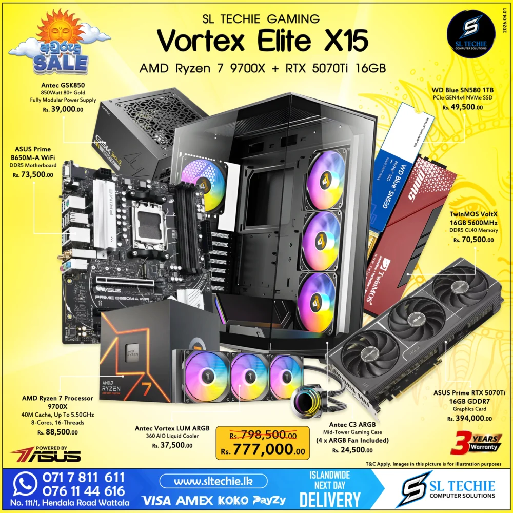 AMD Ryzen 7 9700X + RTX 5070Ti 16GB Brand New Gaming PC - Vortex Elite X15 Sri Lanka