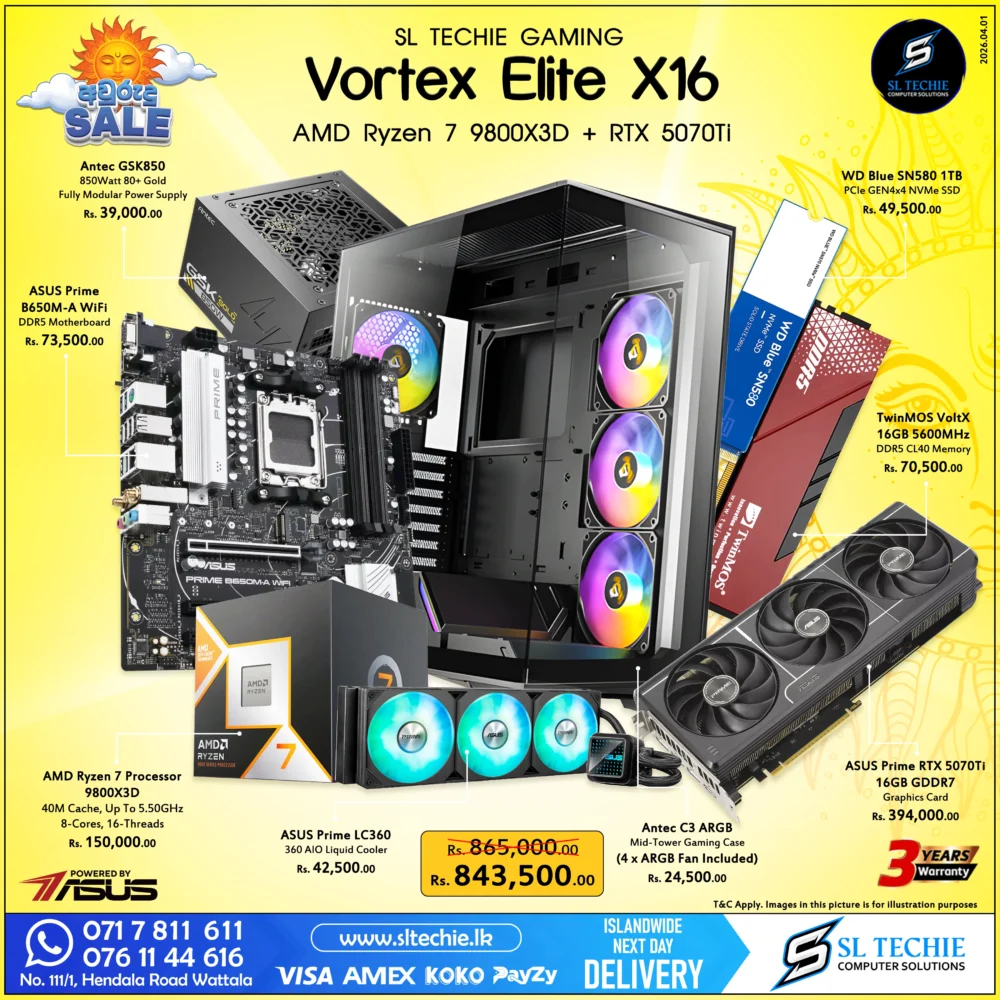 AMD Ryzen 7 9800X3D + RTX 5070Ti 16GB Brand New Gaming PC - Vortex Elite X16 Sri Lanka