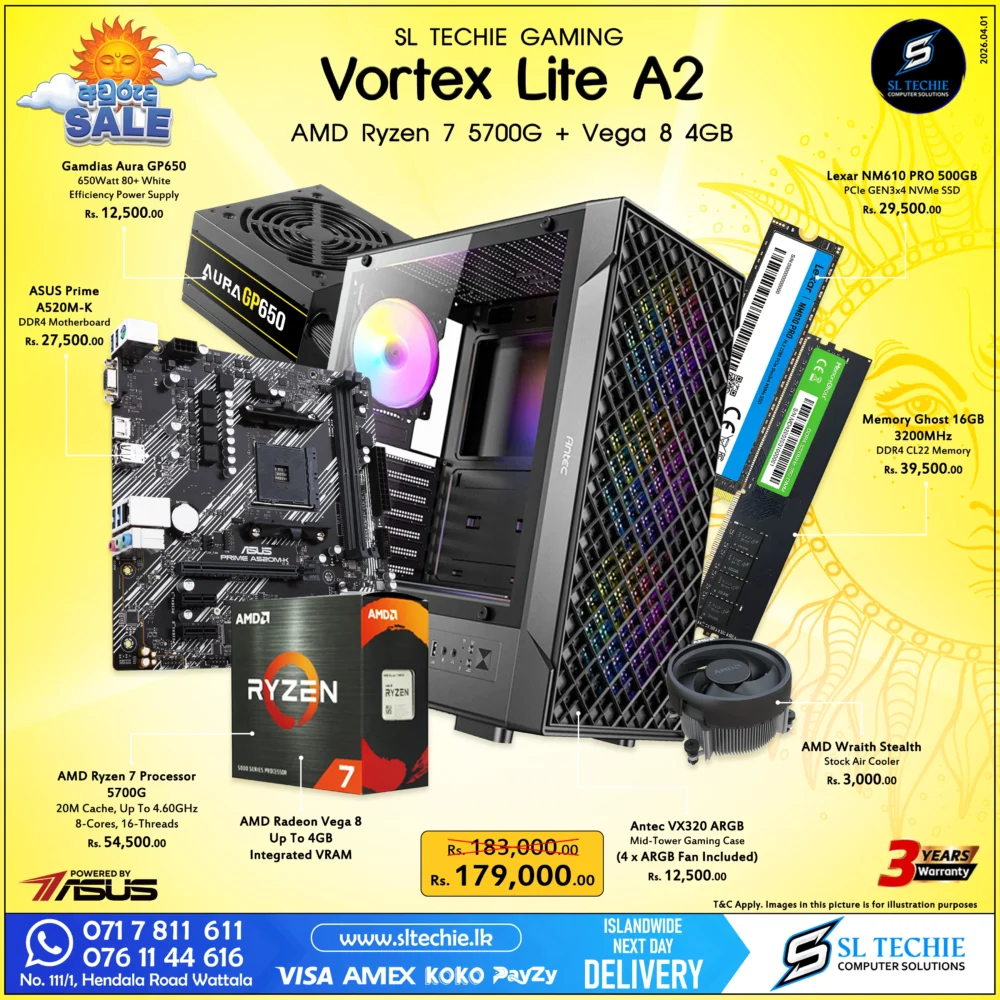 AMD Ryzen 7 5700G + Radeon Vega 8 4GB Brand New Gaming PC - Vortex Lite A2 Sri Lanka