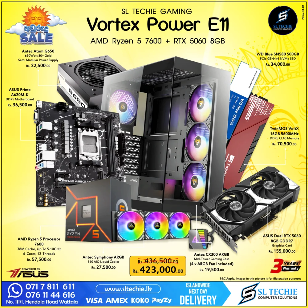 AMD Ryzen 5 7600 + RTX 5060 8GB Brand New Gaming PC - Vortex Power E11 Sri Lanka