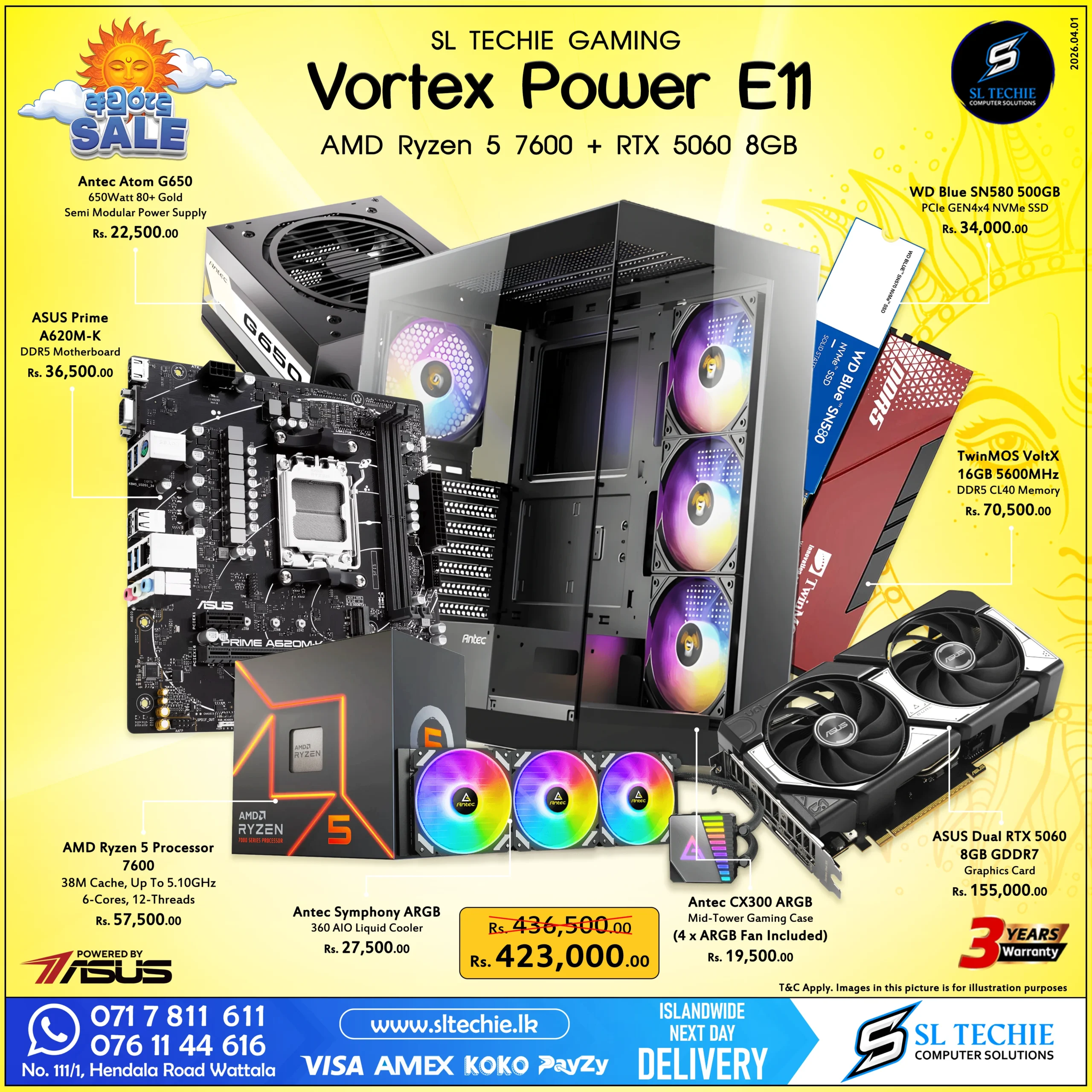 AMD Ryzen 5 7600 + RTX 5060 8GB Brand New Gaming PC - Vortex Power E11 Sri Lanka