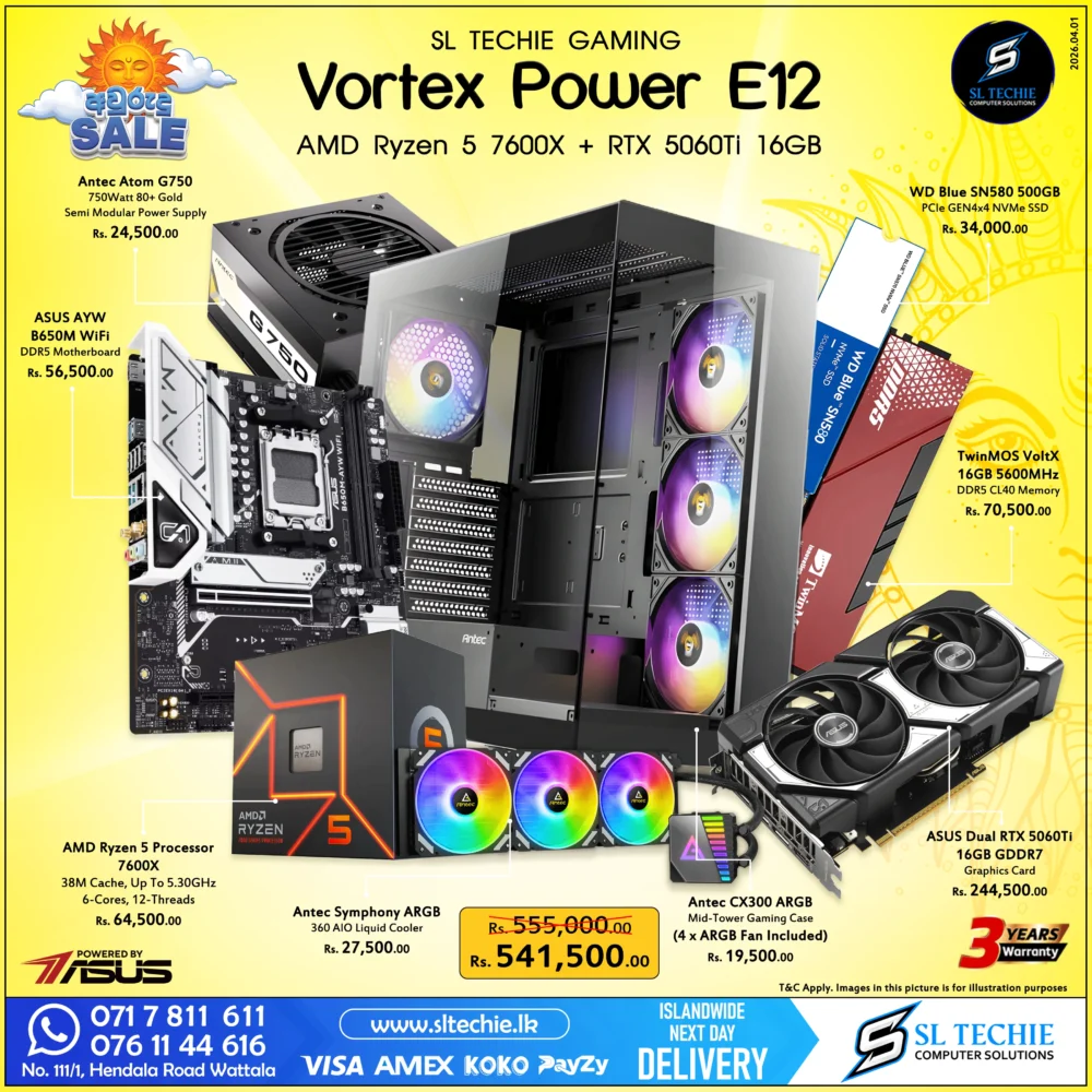 AMD Ryzen 5 7600X + RTX 5060Ti 16GB Brand New Gaming PC - Vortex Power E12 Sri Lanka