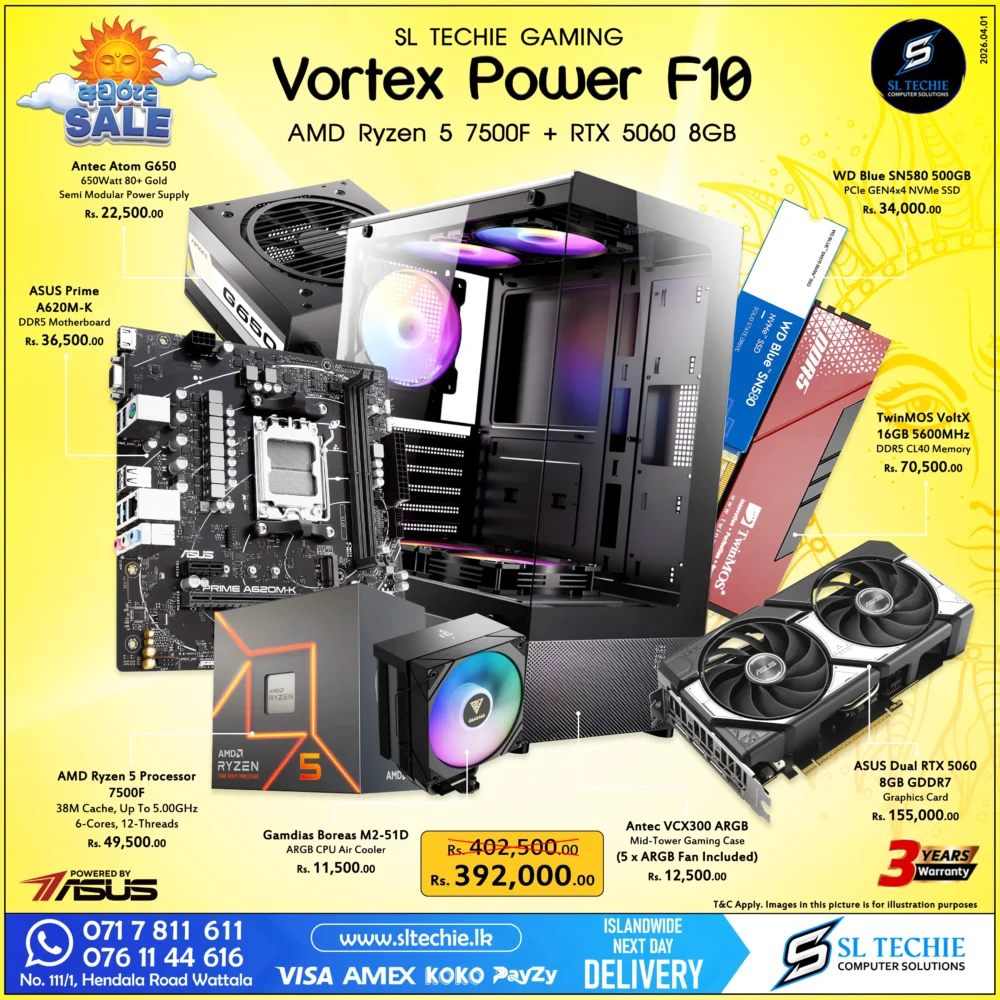 AMD Ryzen 5 7500F + RTX 5060 8GB Brand New Gaming PC - Vortex Force F10 Sri Lanka