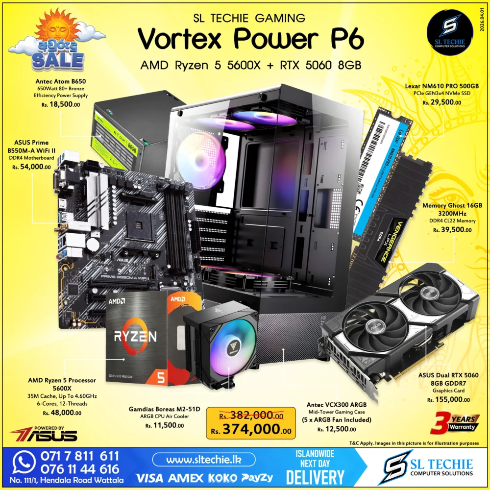 AMD Ryzen 5 5600X + RTX 5060 8GB Brand New Gaming PC - Vortex Power P6 Sri Lanka