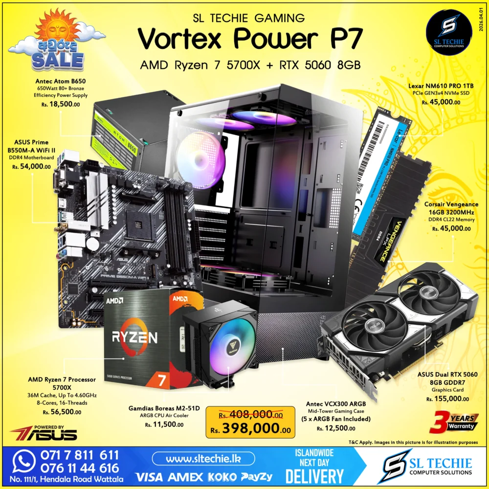 AMD Ryzen 7 5700X + RTX 5060 8GB Brand New Gaming PC - Vortex Power P7 Sri Lanka