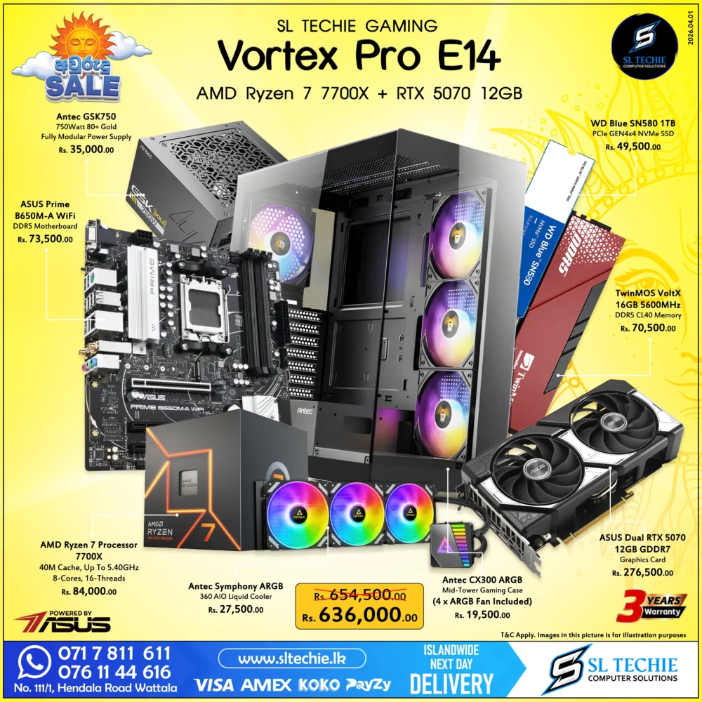 AMD Ryzen 7 7700X + RTX 5070 12GB Brand New Gaming PC - Vortex Pro E14 Sri Lanka