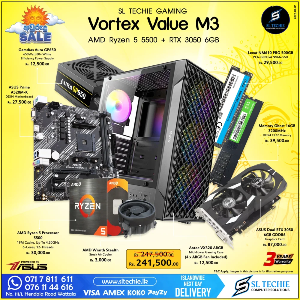 AMD Ryzen 5 5500 + RTX 3050 6GB Brand New Gaming PC - Vortex Value M3 Sri Lanka