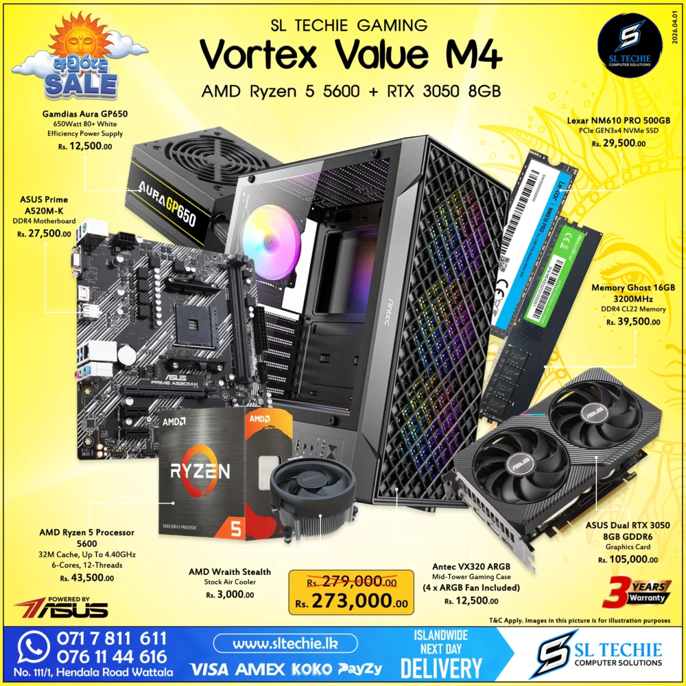AMD Ryzen 5 5600 + RTX 3050 8GB Brand New Gaming PC - Vortex Value M4 Sri Lanka